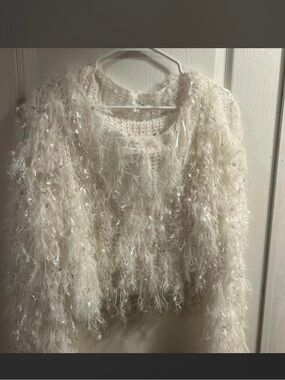 Altar'd State Ivory Sparkle Faux-Feather Crewneck Sweater